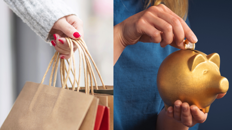 Illustrative montage that combines the image of a person shopping with the figure of a piggy bank.