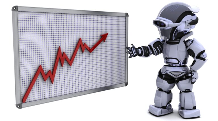 Image of a painting with a rising financial graph next to a robot.