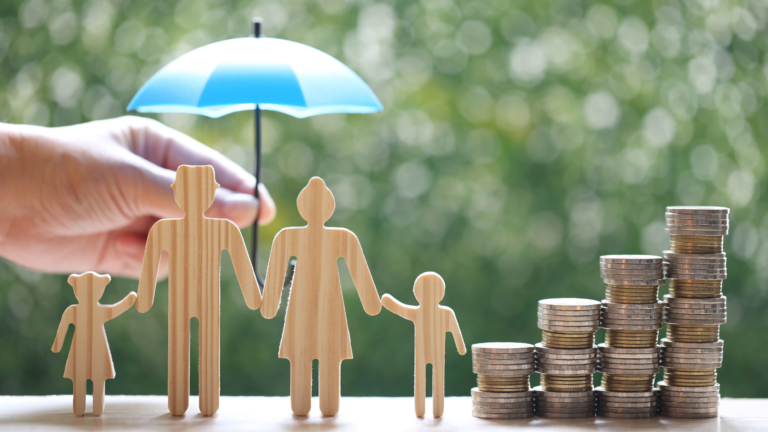 Illustrative image containing a hand holding a small umbrella over a fictional family (father, mother and son) next to rising piles of currency.