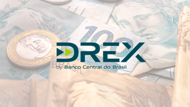 Illustrative image showing real banknotes and the word Drex centered.